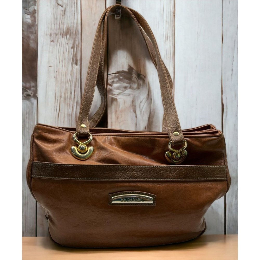 Bechamel Shoulder Bag Brown Faux Leather Purse Gold Trim